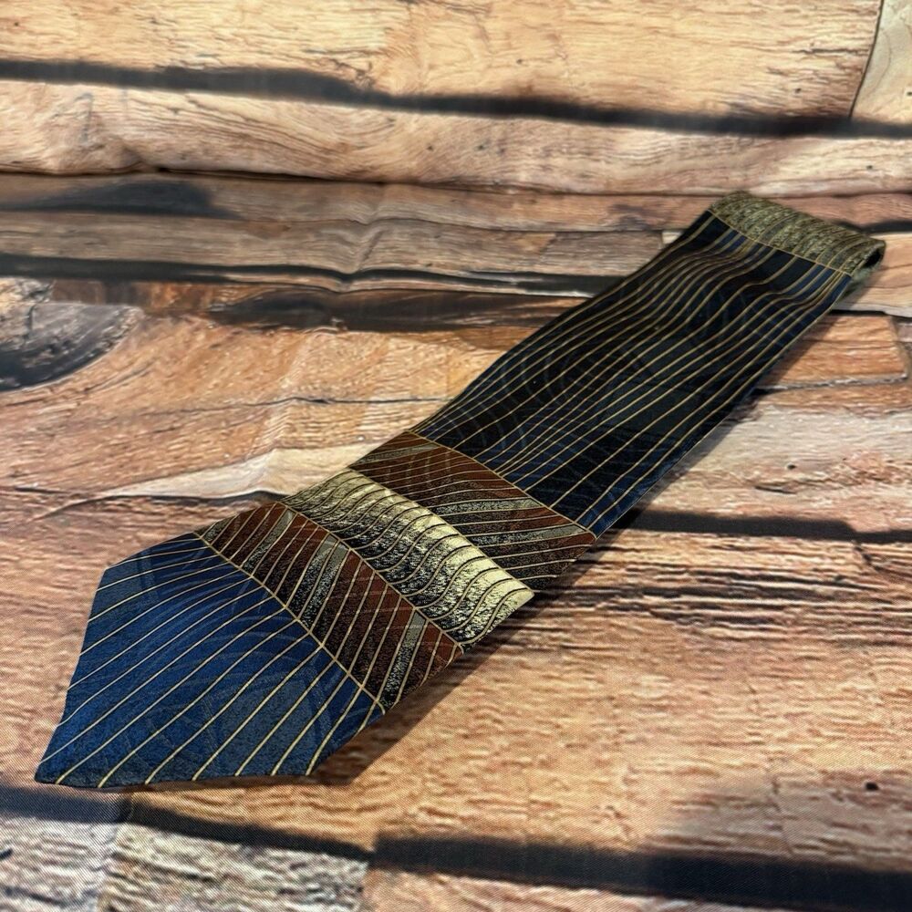 Conte di Milano Silk Tie Mens Blue Brown Gold Geometric Abstract Stripe Wide 4.0